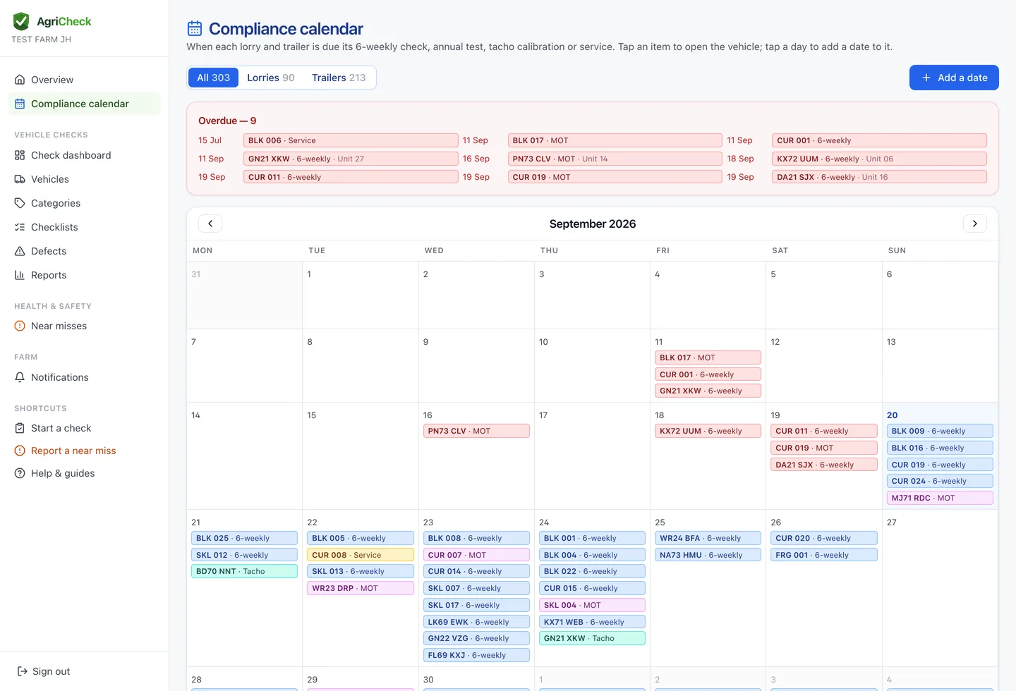 The compliance calendar: a month of 6-weekly checks, MOTs, tacho calibrations and services, with overdue items listed above