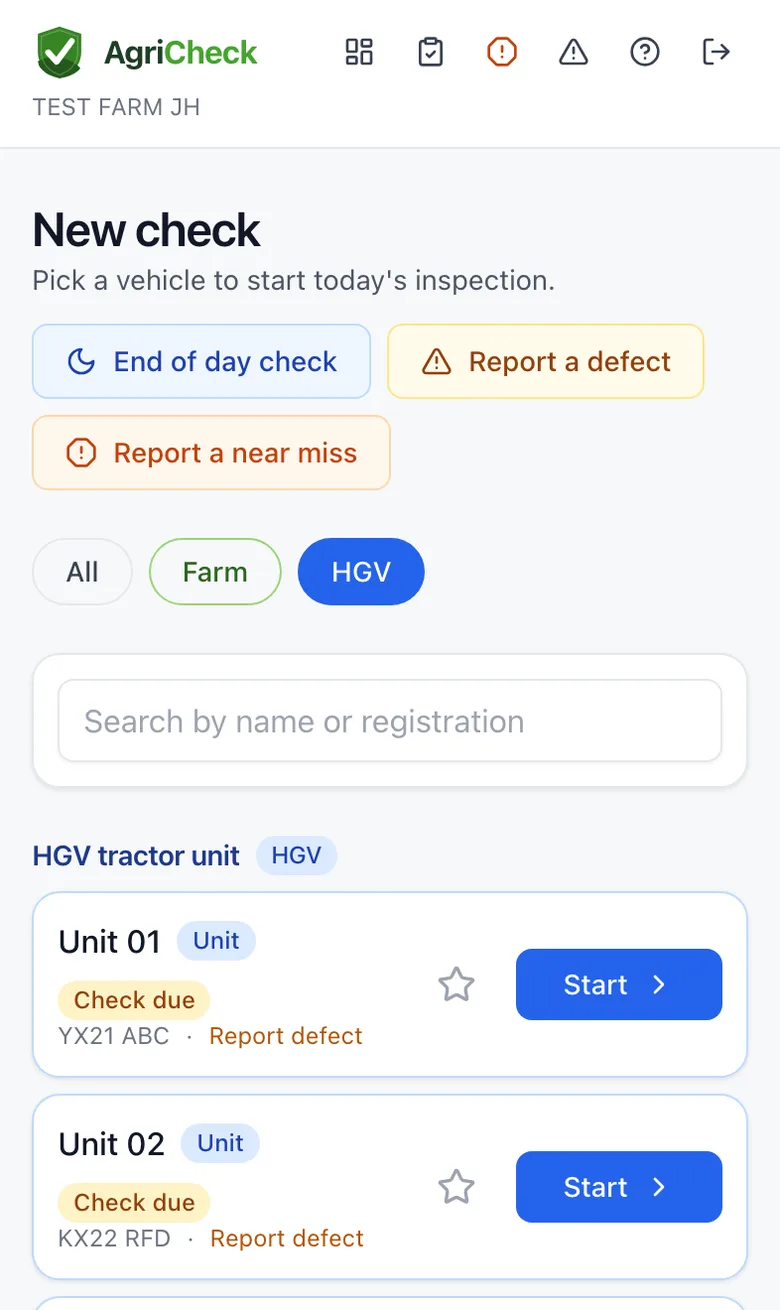 The driver's screen on a phone: End of day check, Report a defect, the Farm and HGV filter, and lorries ready to check